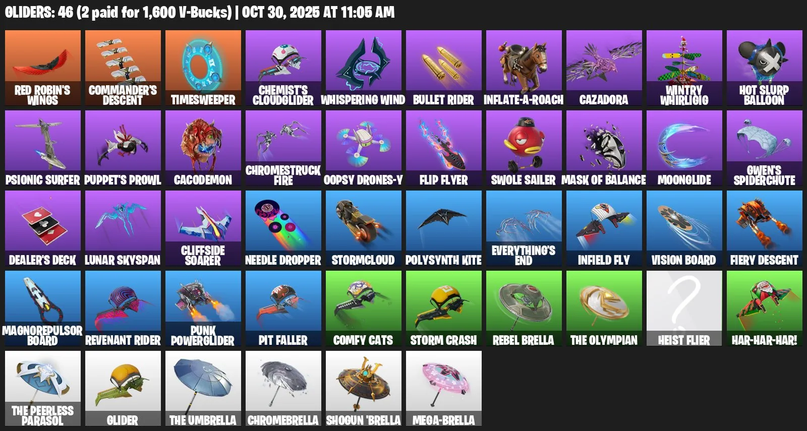 F1258 Level 980, 800 VBucks, 22 Skins, 49 Pickaxes, 40 Emotes, 46 Gliders, Email Changeable (G)