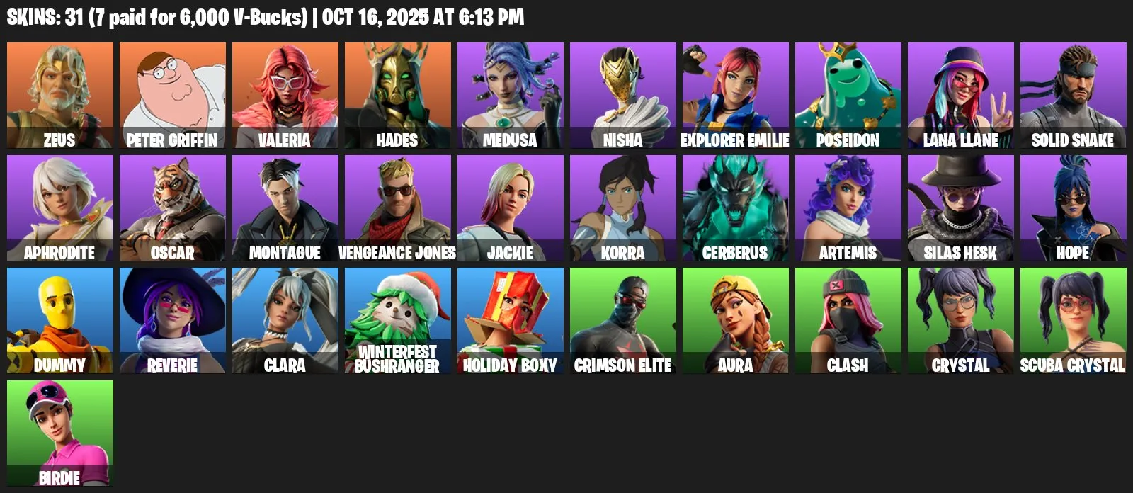 F1259 Zeus, Peter Griffin, Hades, Medusa, Solid Snake, Valeria, Poseidon Skins, Level 293, 31 Skins, 34 Pickaxes, Full Access (G)