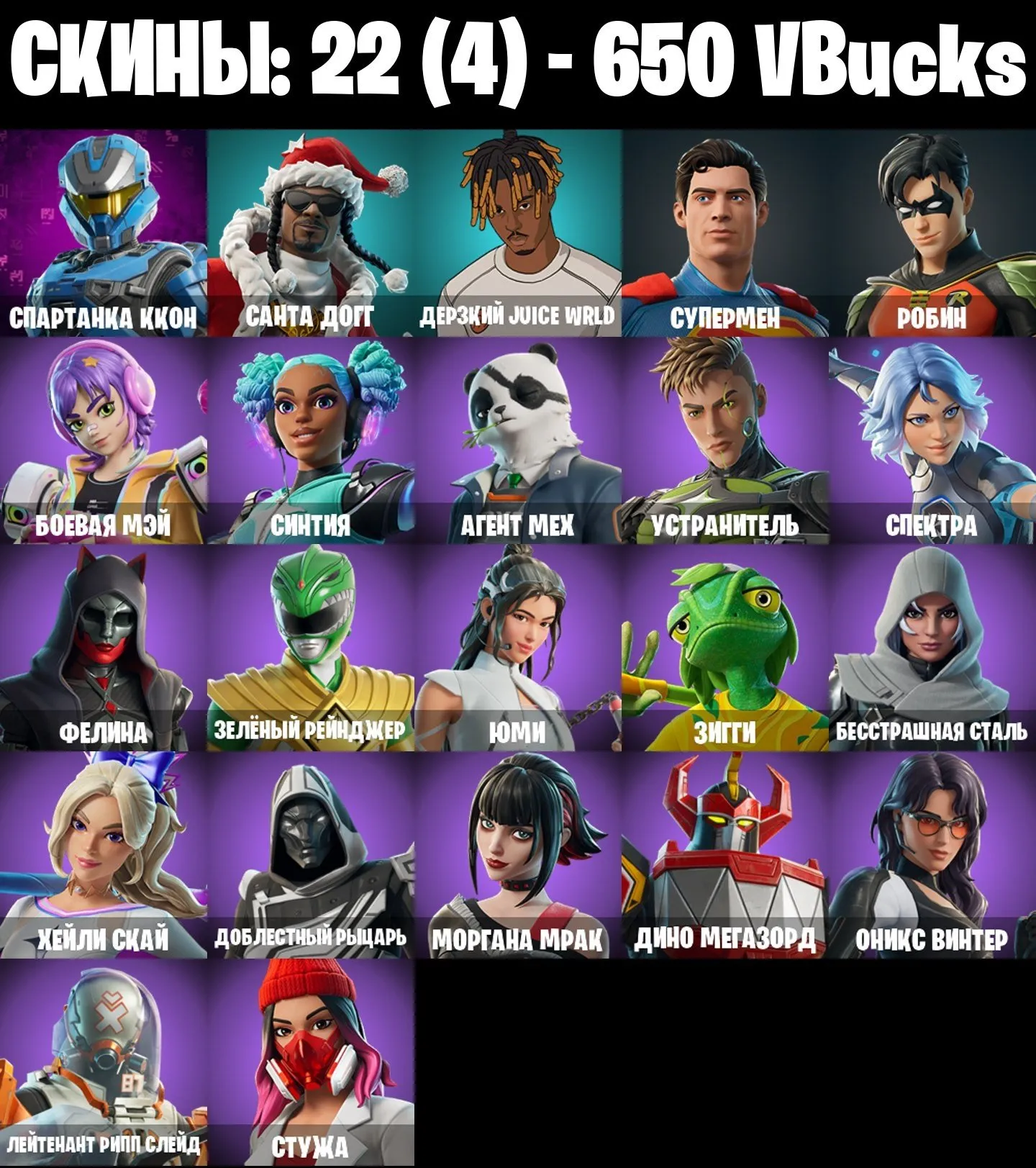 F1277 Spartanca the UNSC, Santa Dogg, Daring Juice WRLD, Superman, Robin, Agent MECH, 650 VBucks (G)