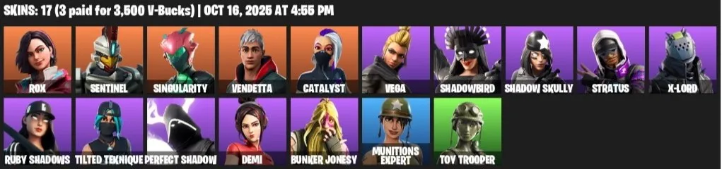 F1279 Singularity, Munitions Expert, Toy Trooper, Rox, Sentinel, Shadowbird, Catalyst, Bunker Jonesy Skins, 500 VBucks (G)