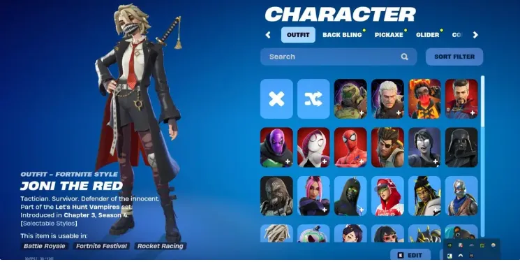 F1289 Blue Squire, TWVN, The Foundation, SNAP, Joni the Red, Marvel Muramasa Blade, 66 Outfits, 69 Pickaxes, 41 Emotes, 48 Gliders (G)