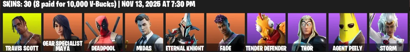 F1315 Travis Scott, Midas, Marvel Skins, 30 Skins, 29 Pickaxes, Agent Peely, Storm, Thor (G)