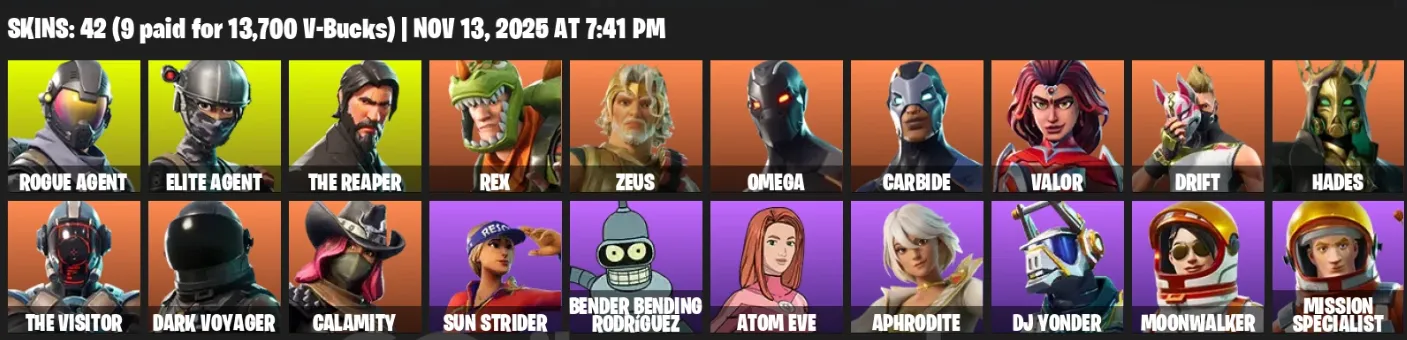 F1321 42 Skins - The Reaper, Omega, Elite Agent, Dark Voyager, Roque Agent, Zeus, Carbide - 43 Pickaxes (G)