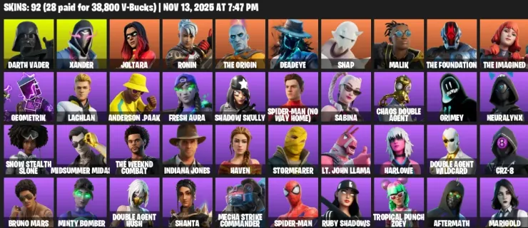 F1322 92 Skins - Darth Vader, Xander, Joltara, Ronin, The Grogu, Deadye, Snap, Malik, The Foundation - 96 Pickaxes (G)