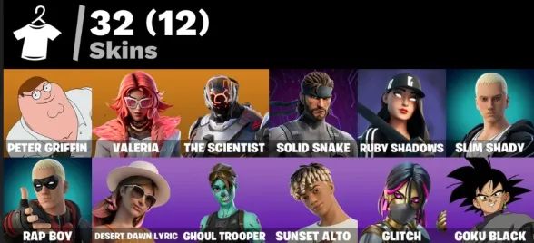 F1323 32 Skins - Peter Griffin, Valeria, The Scientist, Solid Snake, Ruby Shadows, Slim Shady - 41 Pickaxes (G)