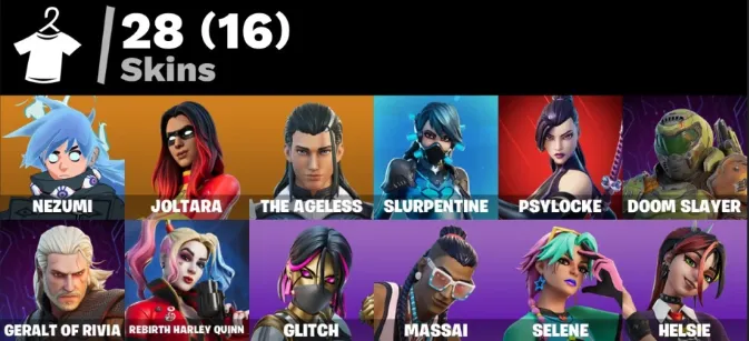 F1324 28 Skins - Joltara, Glitch, Nezumi, Slurpentine, Psylocke, Doom Slayer, Gerald Of Rivia - 18 Pickaxes (G)