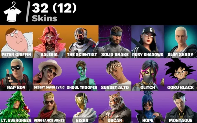 F1325 32 Skins - Peter Griffin, Valeria, The Scientist, Solid Snake, Ruby Shadows, Slim Shady - 41 Pickaxes (G)