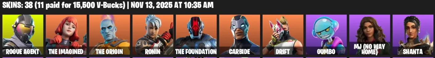 F1326 38 Skins - Drift, Roque Agent, The Imagined, The Origin, Ronin, The Foundation - 24 Pickaxes (G)