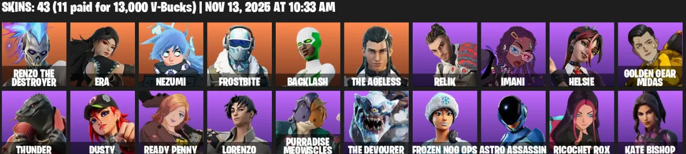 F1328 43 Skins - Renzo The Destroyer, Nezumi, Frostbite, Backlash, The Ageless, Relik, Imani, Helsie - 38 Pickaxes (G)