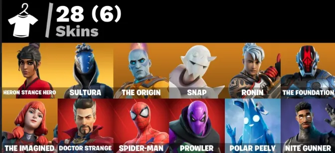 F1329 28 Skins - Spider-Man, Doctor Strange, The Foundation, Prowler, Snap, Ronin - 38 Pickaxes (G)