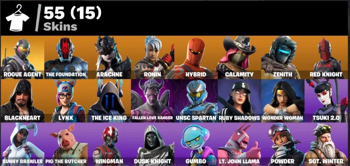 F1330 55 Skins - The Ice King, The Foundation, Arachne, Ronin, Hybrid, Calamity, Zenith, Red Knight - 63 Pickaxes (G)
