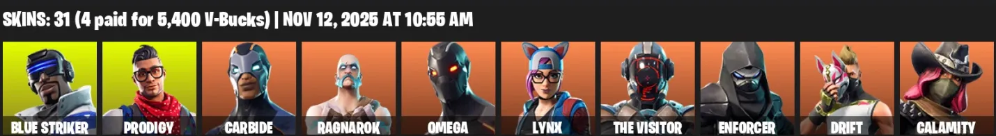 F1332 31 Skins OG - Blue Striker, Prodigy, Carbide, Ragnarok, Omega, Lynx, The Visitor, Enforcer, Drift, Calamity - 16 Pickaxes (G)