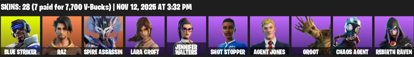 F1333 28 Skins - Lara Croft, Spire Assassin, Agent Jones, Rebirth Raven, Jennifer Walters - 33 Pickaxes (G)