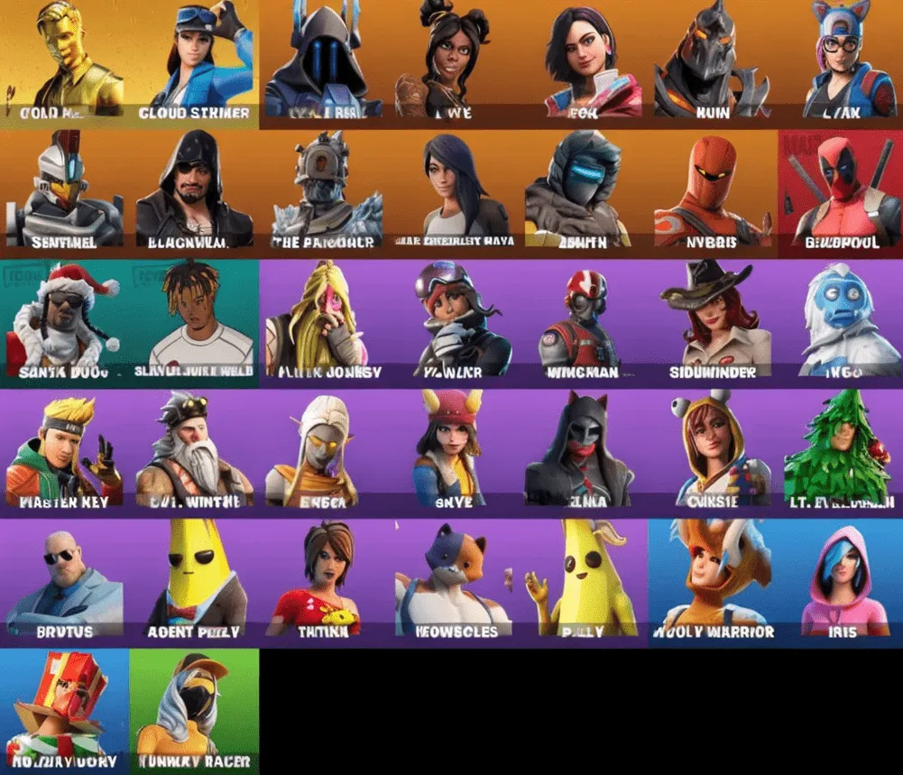 F1345 Golden Midas, The Ice King, Deadpool, Cloud Striker, Luxe, Lynx, Ruin, Rox, Hybrid + 55 Pickaxes, 79 Backpacks, 66 Gliders, 60 Emotes