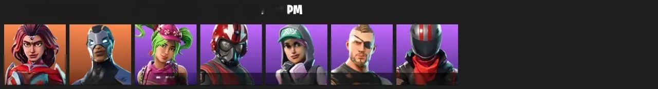 F1355 Valor, Carbide, Zoey, Wingman, Teknique, Battlehawk, Burnout | 9 Dances: Orange Justice, Hype, Popcorn, Waterworks, Gentlemans Dab, Wave, Respect, Red Card | 6 Gliders