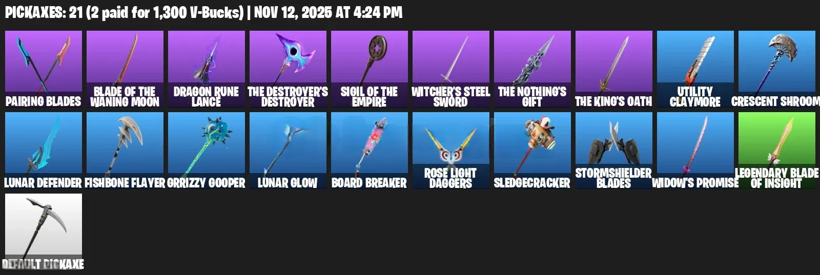 F1359 17 Skins: Darth Vader | Paradigm Reality-669 | Malik | Snap | Bytes | Meow Skulls and more , 17 Emotes | 22 Gliders | 21 Pickaxes