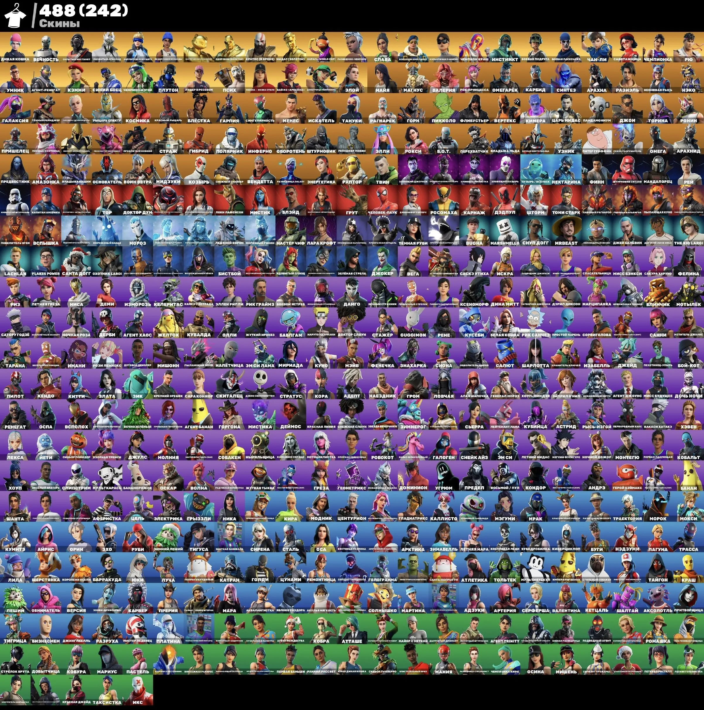 F1381 488 Skins | Wildcat | Eon | Rogue Spider | 125k PR Peak | 44k$ Earnings | Massive Backblings Pickaxes Gliders Emotes Wraps Collection 