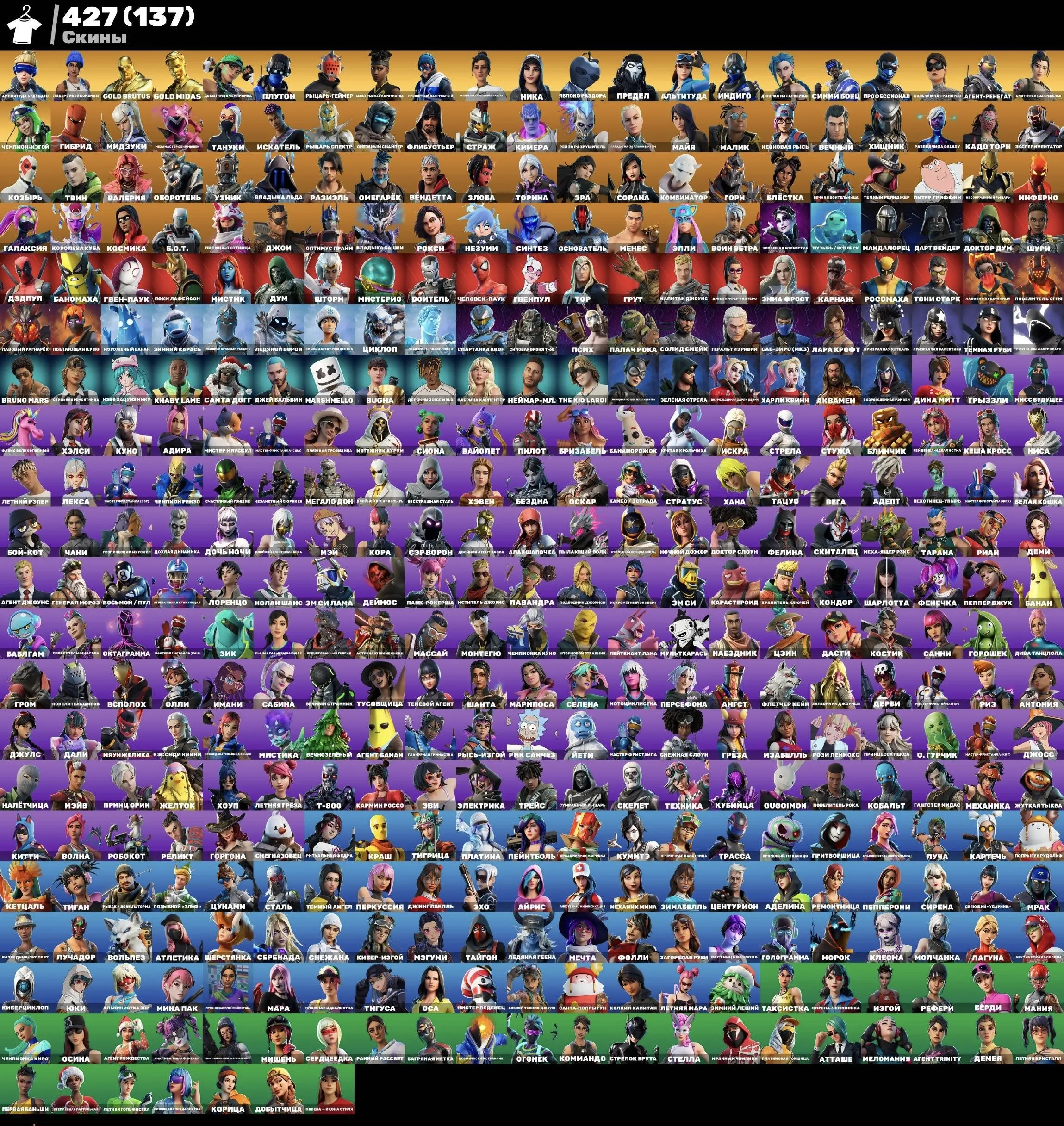 F831 427 Skins, 262 Gliders, 360 Pickaxes, 456 Backpacks, 344 Emotes, 6,000 PR
