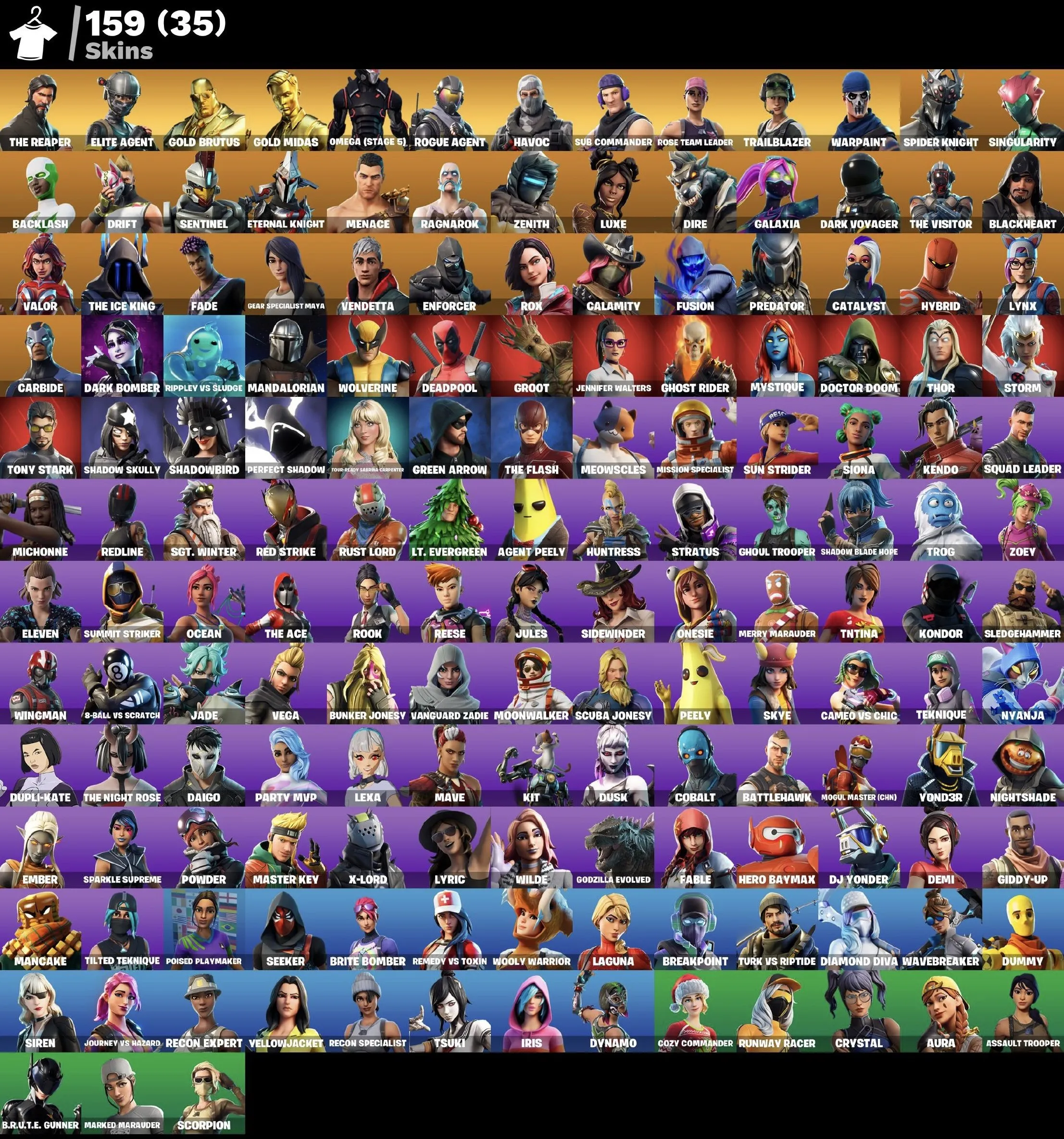 F837 159 Skins, 155 Picks, Mako, The Reaper, Gold Midas, 52K PR 