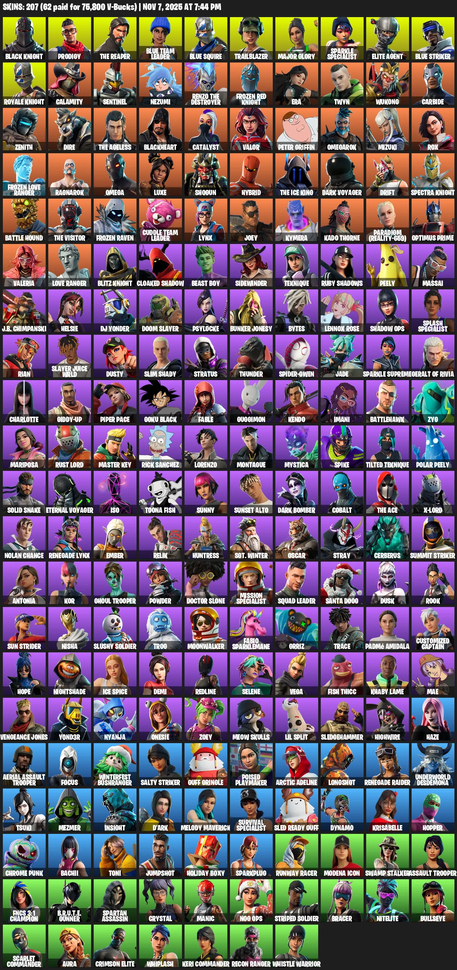 F840 Black Knight, Royale Knight, Sparkle Specialist, Elite Agent, Spider-Gwen, Peely – 207 Skins 
