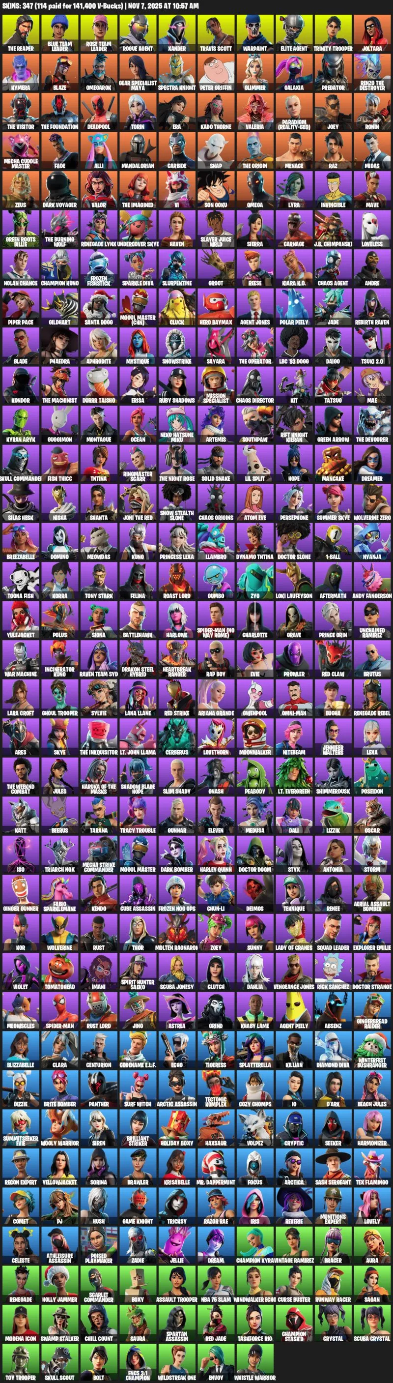 F845 347 Skins + Travis Scott, Elite Agent, Merry Mint Axe, Take The L, Otlega, 271 Pickaxes, 168 Gliders