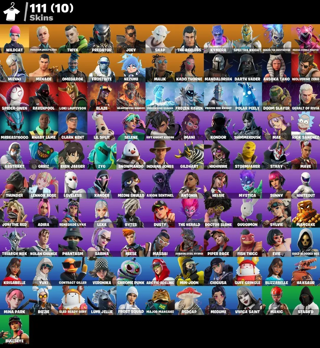F852 Wildcat, Spider-Gwen, Mandalorian, Predator, Joey, Snap, Spectra Knight, Darth Vader, Ahsoka Tano, 111 Skins (G)