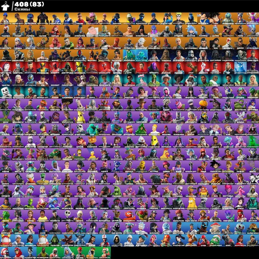 F860 408 Skins: Travis Scott, Psy, Naruto, Take the L, 347 Pickaxes, 408 Emotes, 262 Gliders, 390K VB Donations (G)