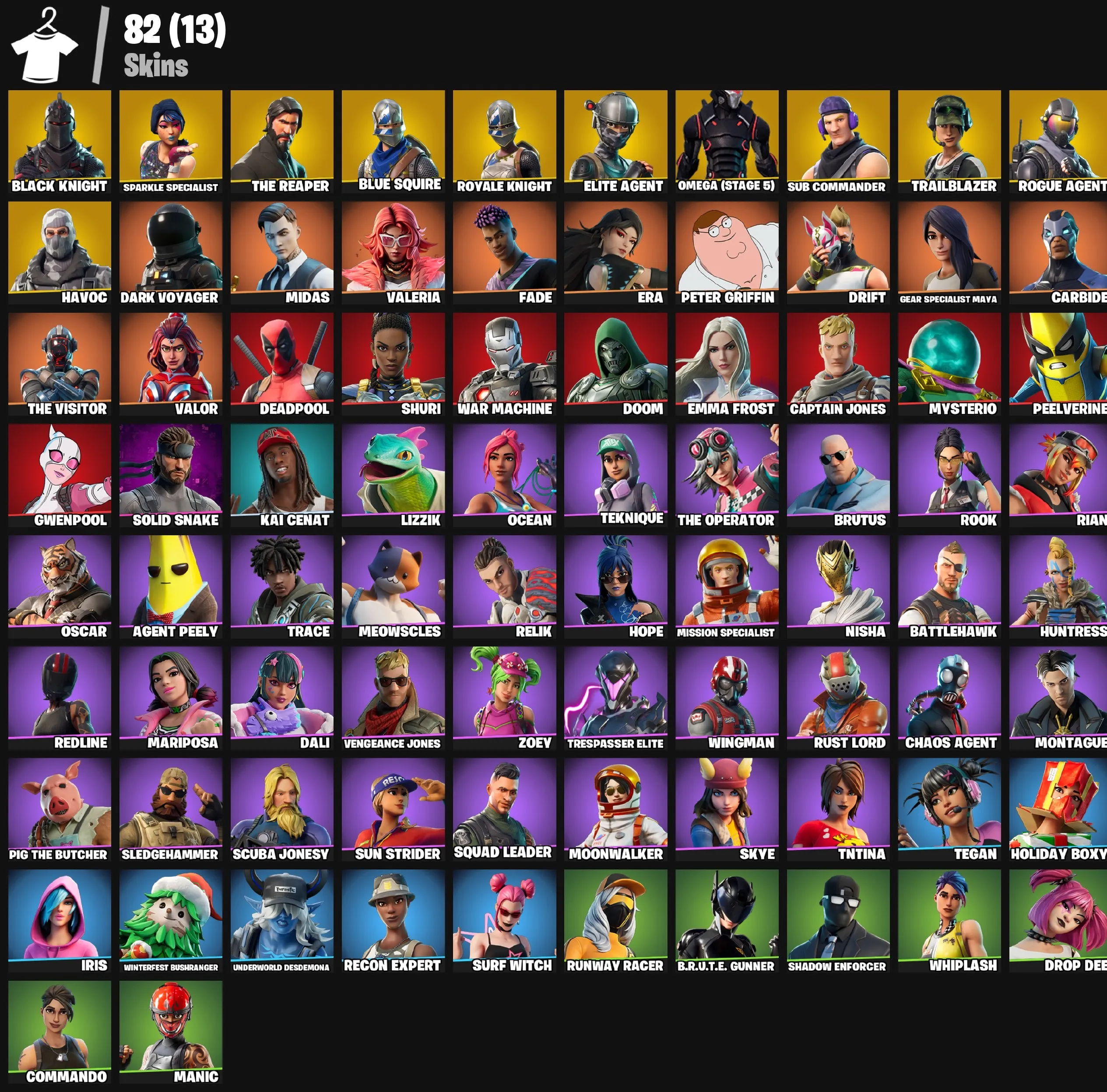 F874 Black Knight, Sparkle Specialist, The Reaper, Blue Squire, Peter Griffin, Midas, Havoc, Deadpool, 82 Skins OG Stacked (G)