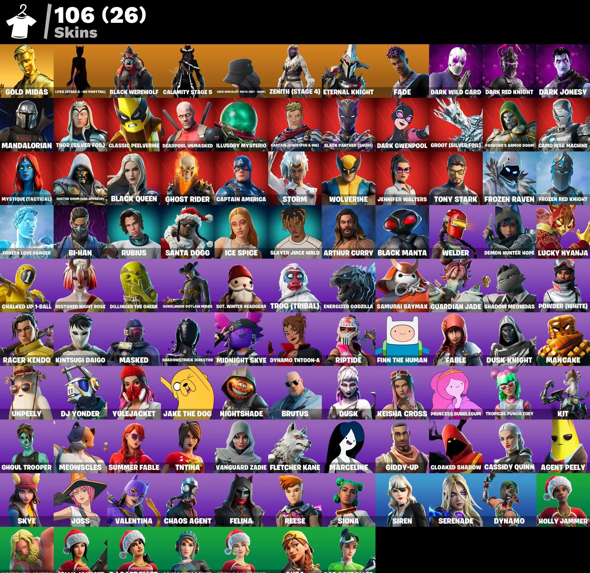 F883 Gold Midas, Calamity Stage 5, Gear Specialist Maya (Hat - Dark), Zenith Stage 4, Lynx Stage 4 (No Ponytail), 106 Skins, 460 VB (G)