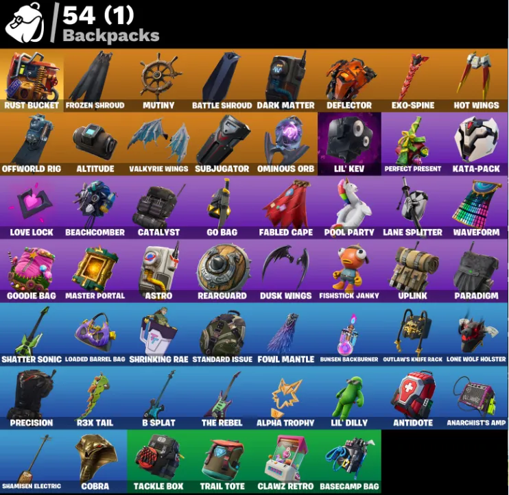 F885 The Reaper, Elite Agent, Omega Stage 5, Rogue Agent, Carbide Armor Stage 5, Blackheart Stage 8, 54 Skins, 1050 VB (G)