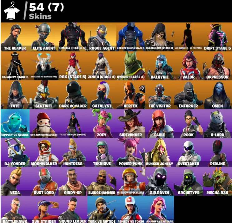 F885 The Reaper, Elite Agent, Omega Stage 5, Rogue Agent, Carbide Armor Stage 5, Blackheart Stage 8, 54 Skins, 1050 VB (G)
