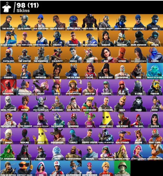 F891 Travis Scott, Diamond Jack, Astro Jack, OG STW Super Deluxe, The Reaper, Elite Agent, Point It Out, Take The L, Orange Justice, 98 Skins (G)