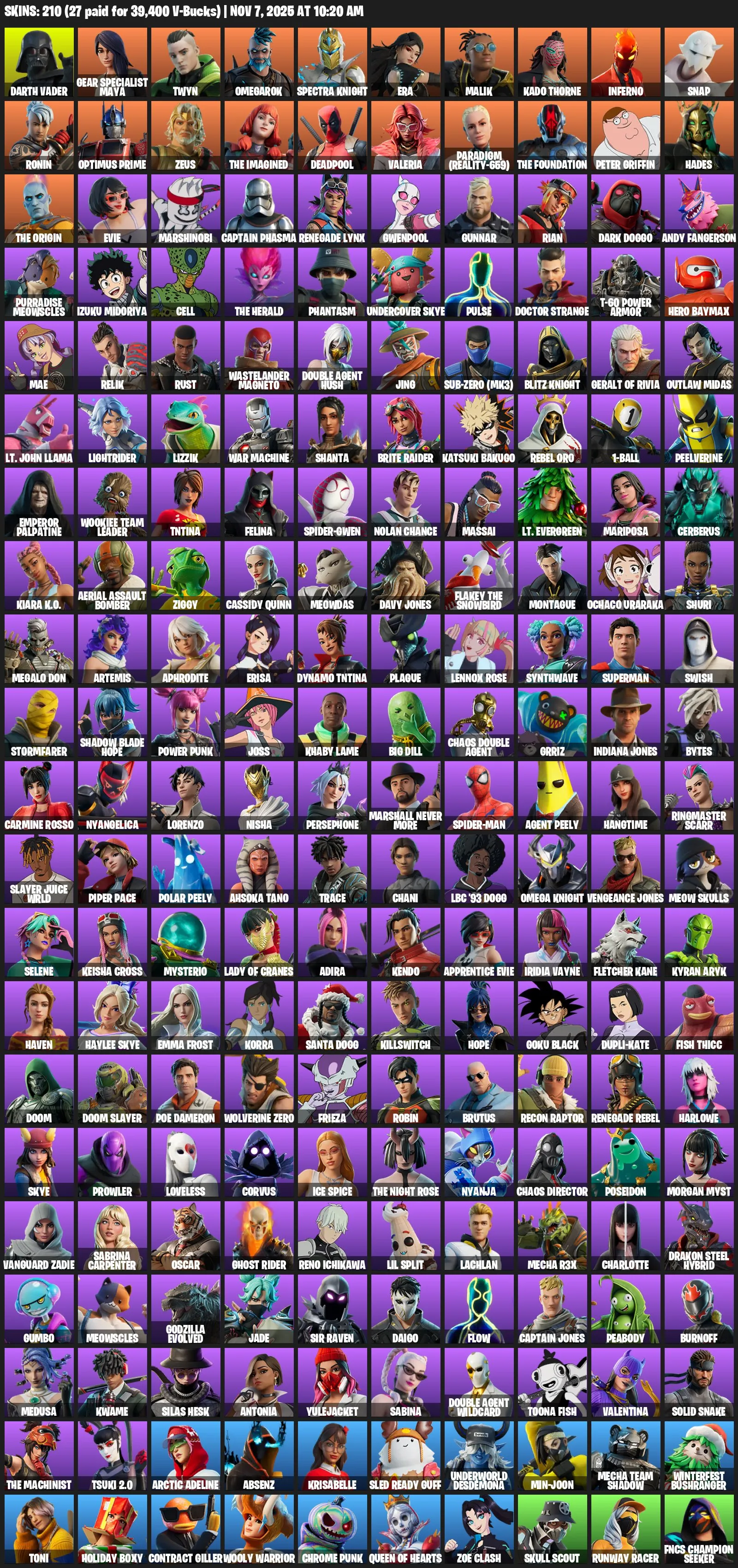 F923 210 Skins, Corvus, Ghost Rider, Izuku Midoriya, 300 V-Bucks, Leisure, Full Access