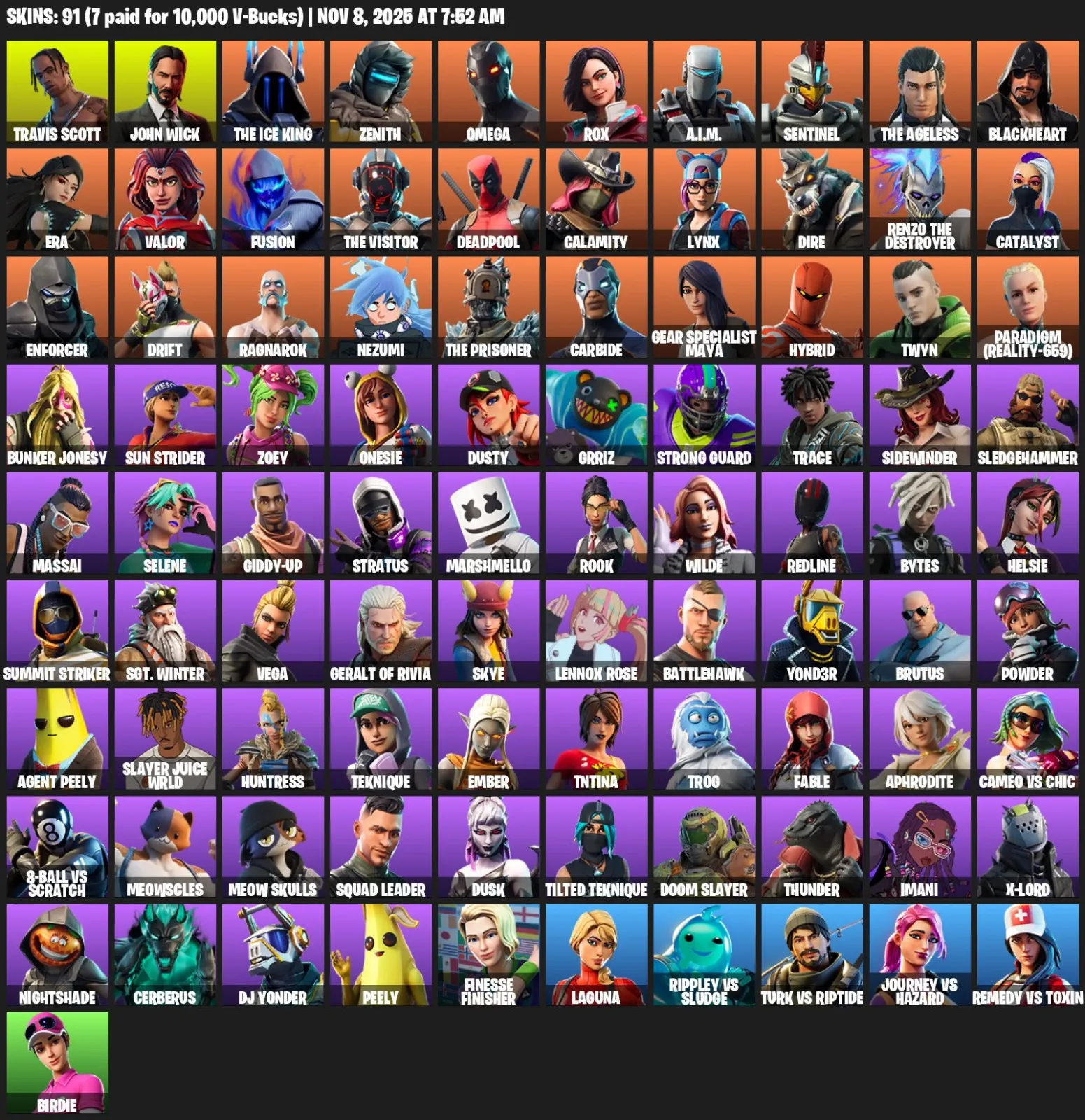 F935 Travis Scott, John Wick, Omega, Reaper, Orange Justice, Off-Leash, 91 Skins (G)