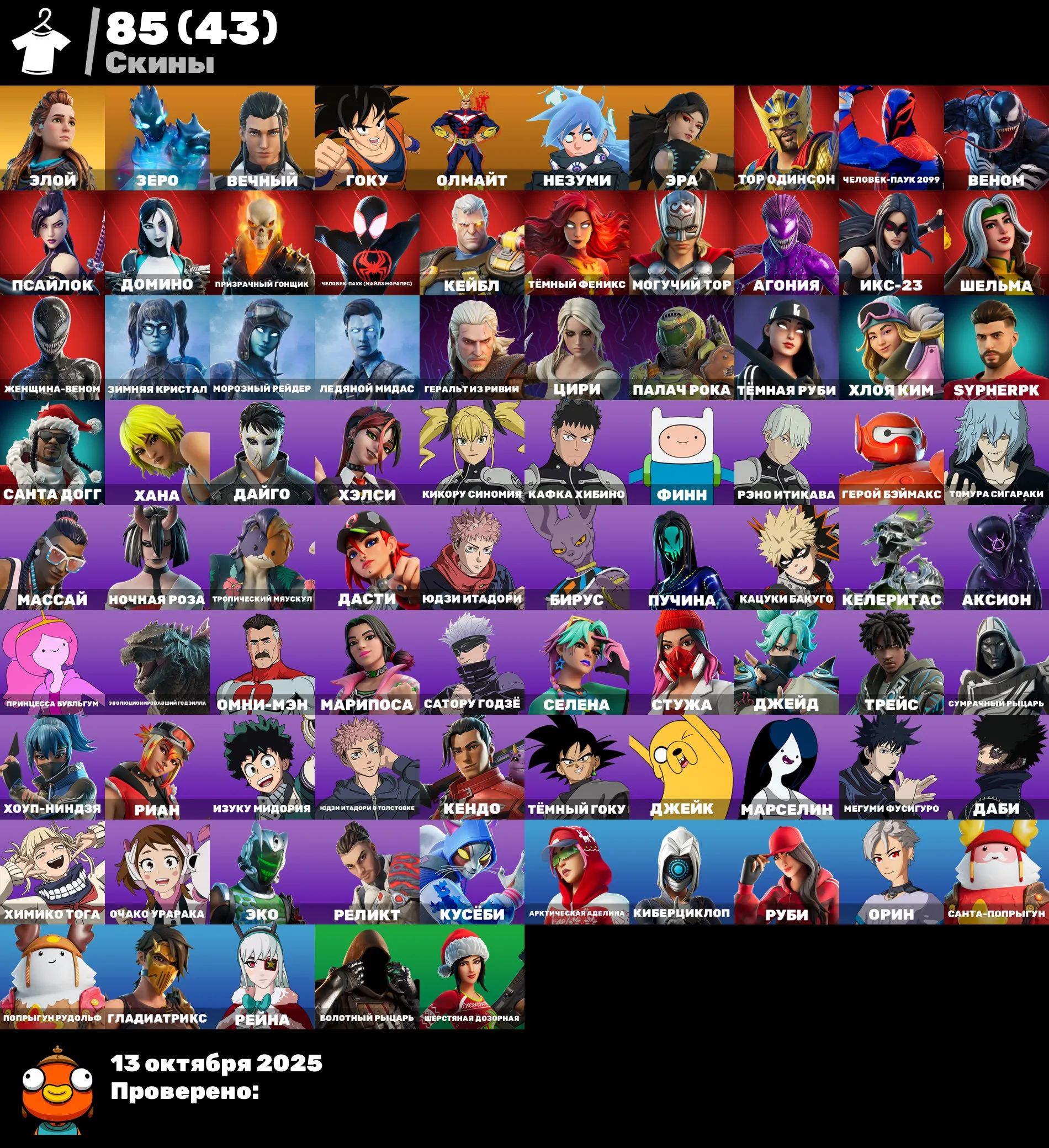 F944 Son Goku, All Might, Gojo, Yuji Itadori, Megumi Fushiguro, Spider-Man 2099, 85 Unique Skins (G)