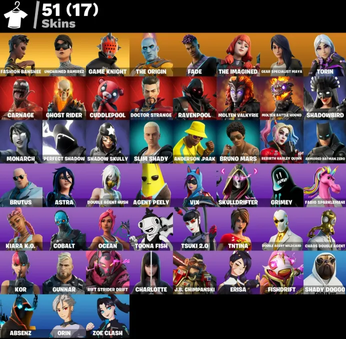 F956 51 Skins, Balenciaga Set, Unchained Ramirez, Fashion Banshee, Shady Doggo, Game Knight, The Look, Parasail Purse, Slim Shady, Bruno Mars, Reaper (G)