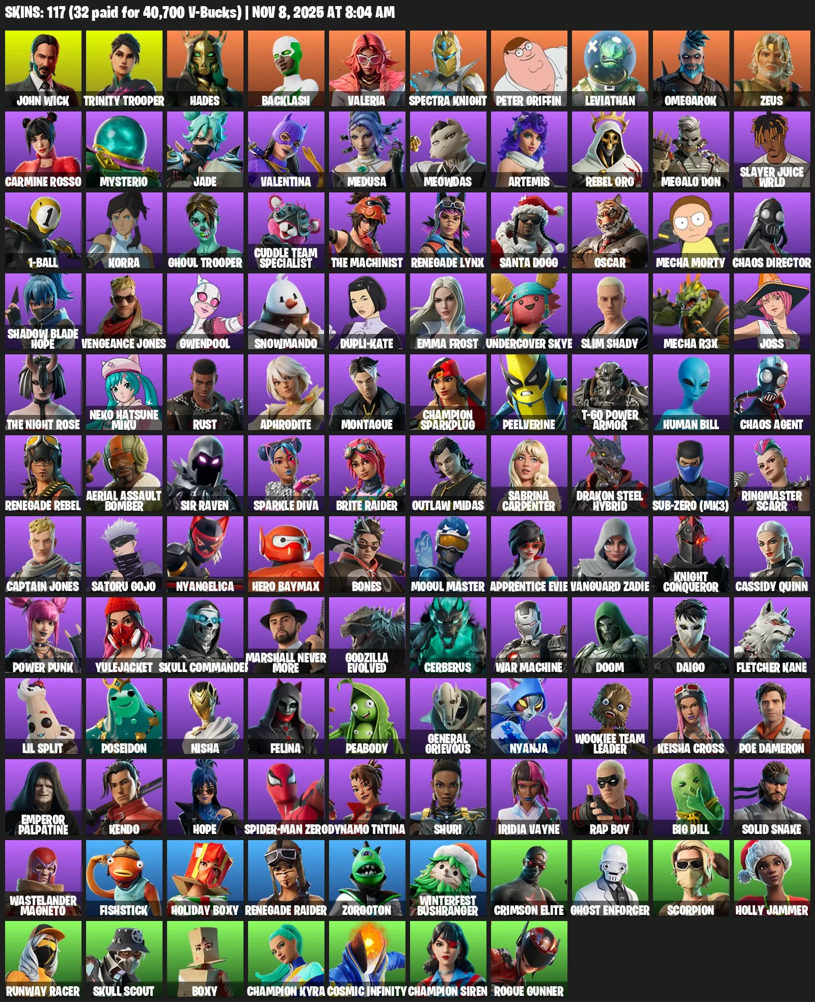 F958 117 Skins, John Wick, Trinity Trooper, Marshall Never More, Star Wand, Leisure Suit, 147 Pickaxes, 136 Emotes, 93 Gliders (G)