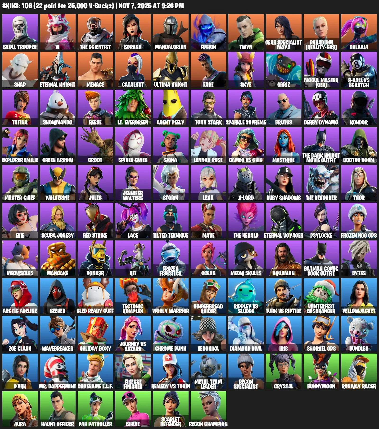 F960 106 Skins, Skull Trooper, Recon Champion, Master Chief, Leviathan Axe, Leisure Suit, 134 Pickaxes, Full Access, High Level Account (G)
