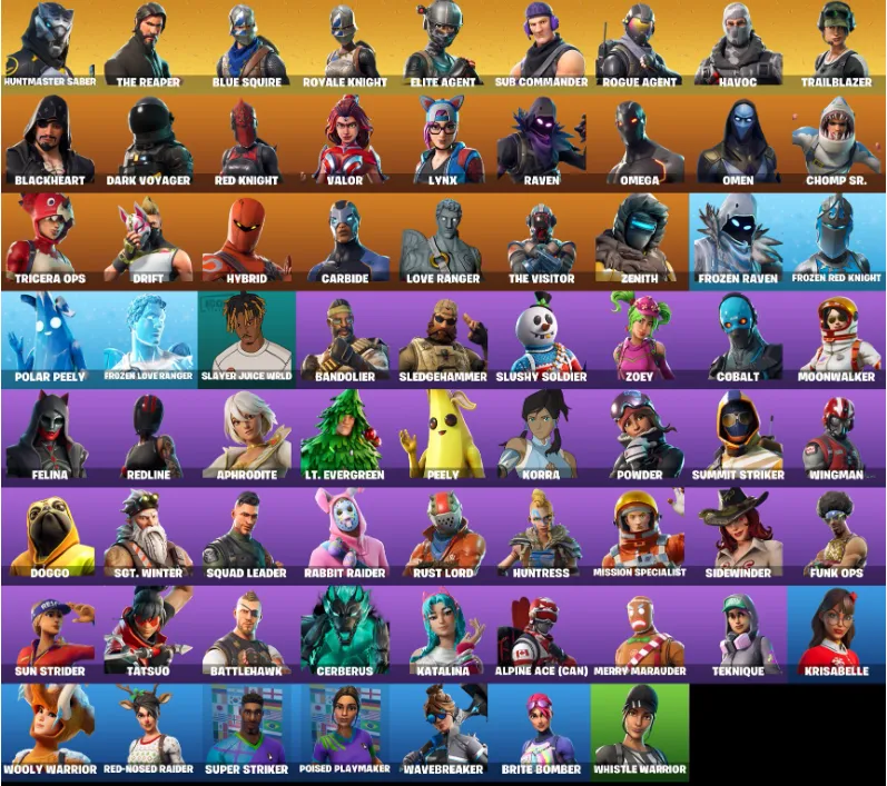F964 70 Skins, Huntmaster Saber, The Reaper, Blue Squire, Royale Knight, Elite Agent, 74 Pickaxes (G)