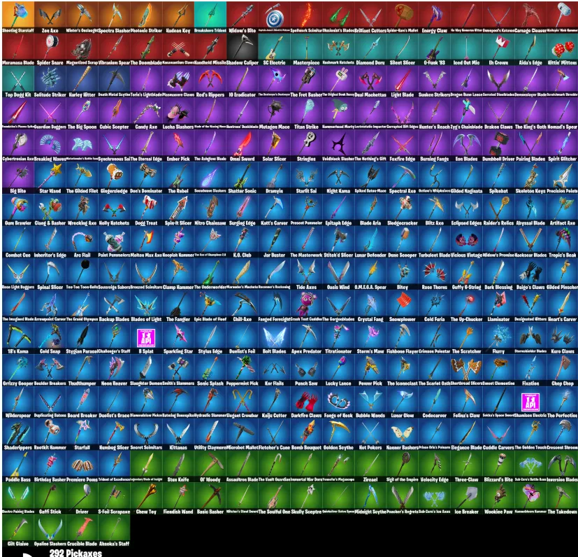 F971 271 Skins, Major Glory, Shooting Starstaff, Verve, Raise The Cup, TIE Whisper, Exclusive Sets, 292 Pickaxes 