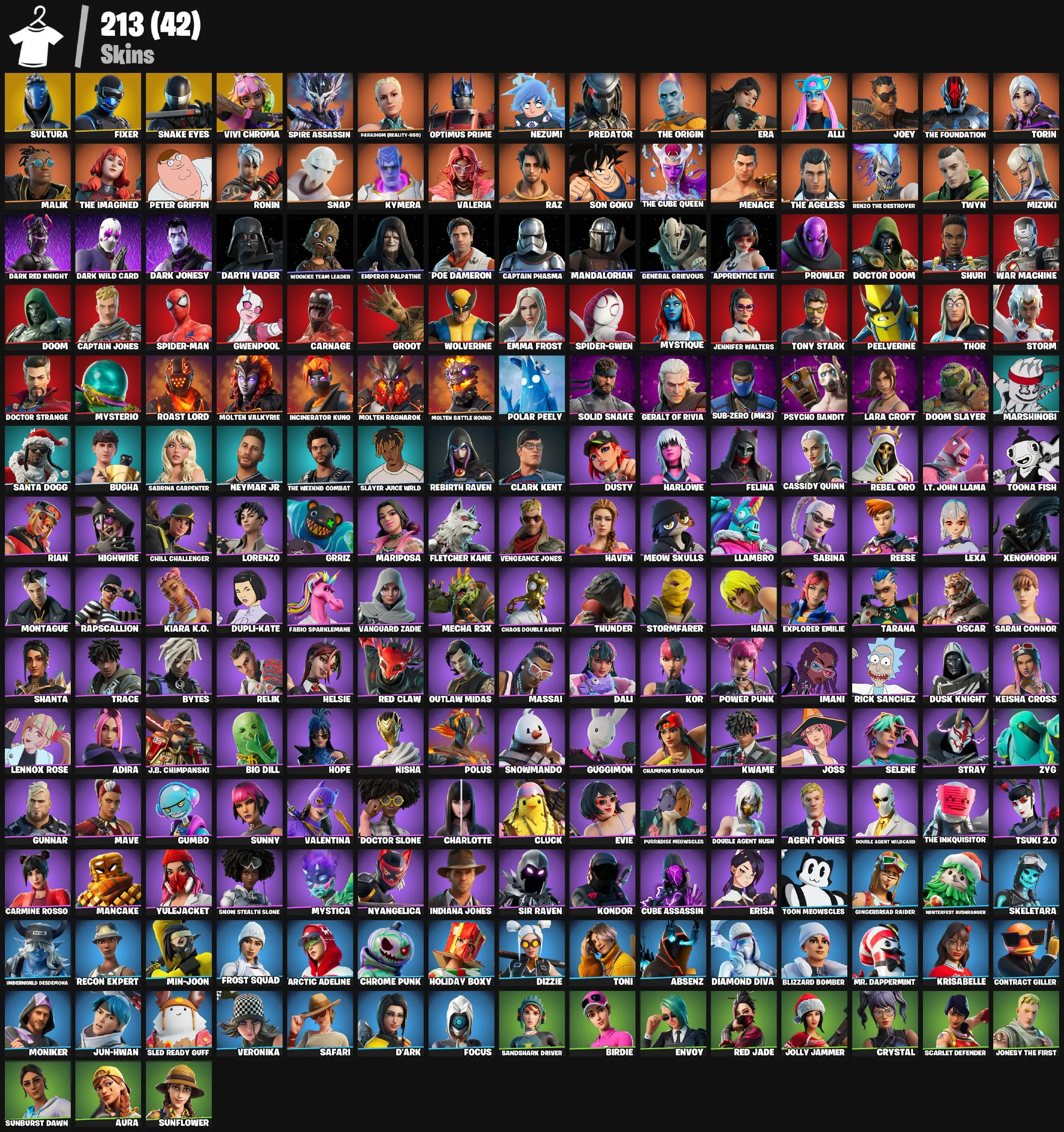 F980 213 Skins, Sultura, Fixer, Snake Eyes, Vivi Chroma, Spire Assassin, Optimus Prime, Predatory, The Origin, Shake Eyes, Peter