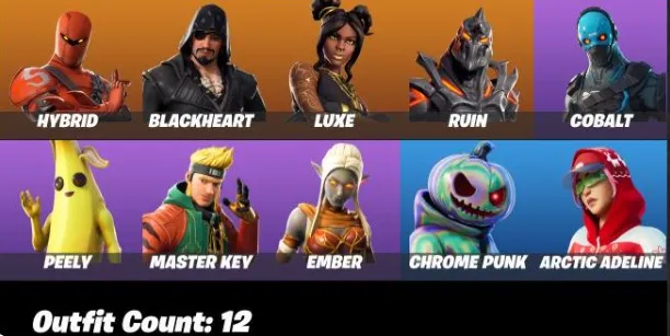 F983 12 Skins, Galaxy (Samsung Exclusive), Take The Elf Emote, Hybrid, Blackheart, Luxe, Ruin, Cobalt, Peely