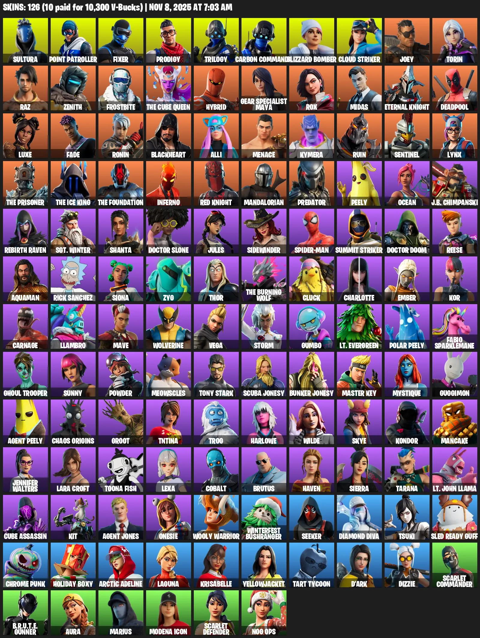 F986 126 Skins, Ghoul Trooper, FrostBite, Prodigy, Deadpool, Full Access, 116 Gliders, 128 Pickaxes, 120 Emotes 