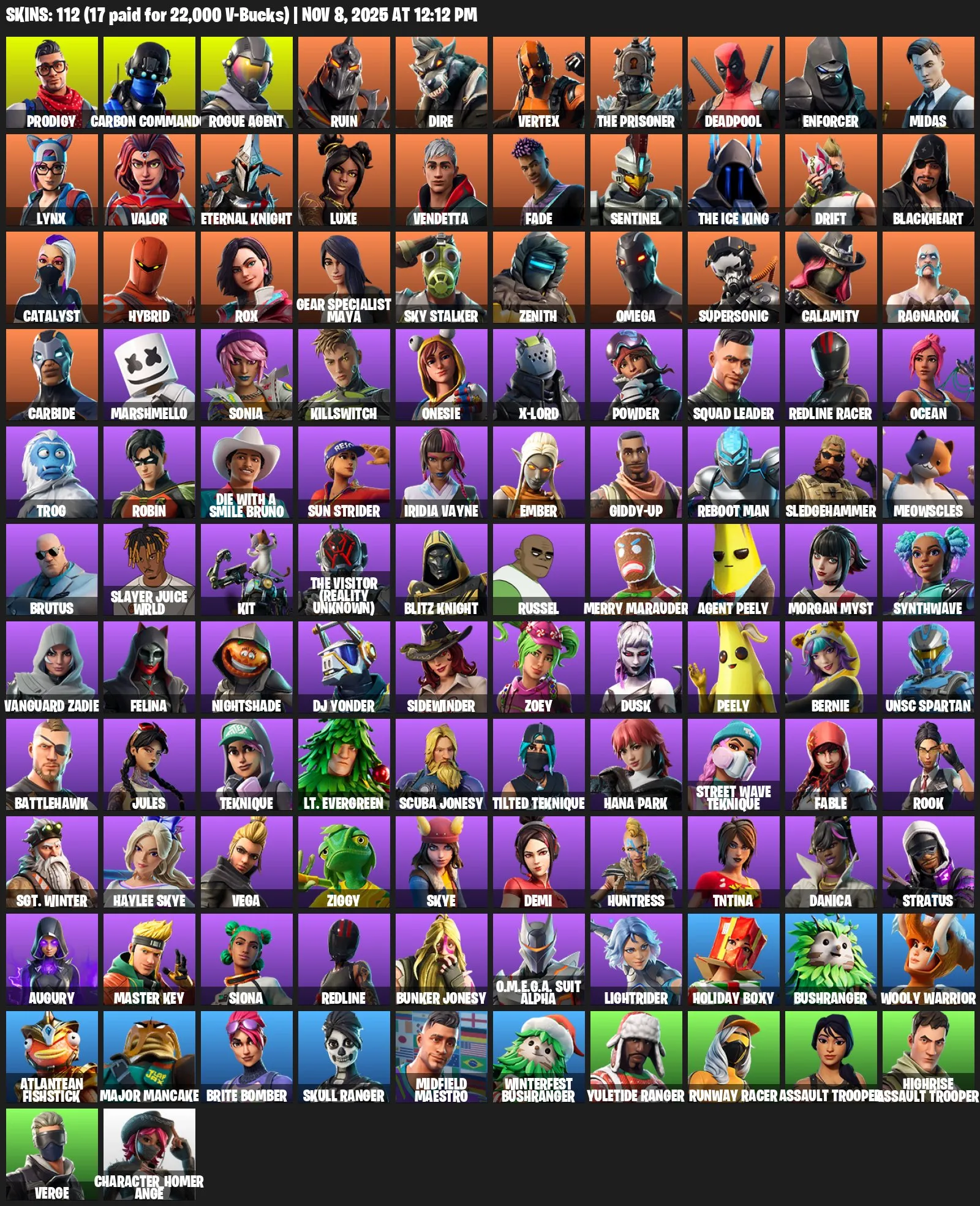 F987 112 Skins, Golden Midas, Carbon Commando, Drift, Prodigy, Deadpool, Rare Emotes, 129 Pickaxes, 121 Gliders 