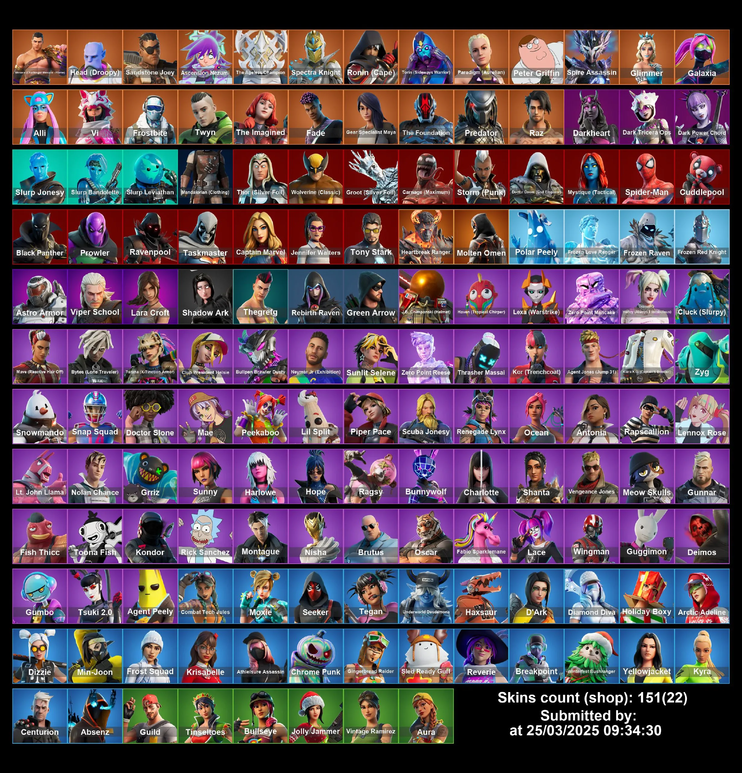 [PC/XBOX] 151 skins | Black Panther | Spider Man | Gref G | Carnage | Rebirth Harley Quinn | Wing Man | Lace | Agent Peely | Molten Omen | Full Email Access