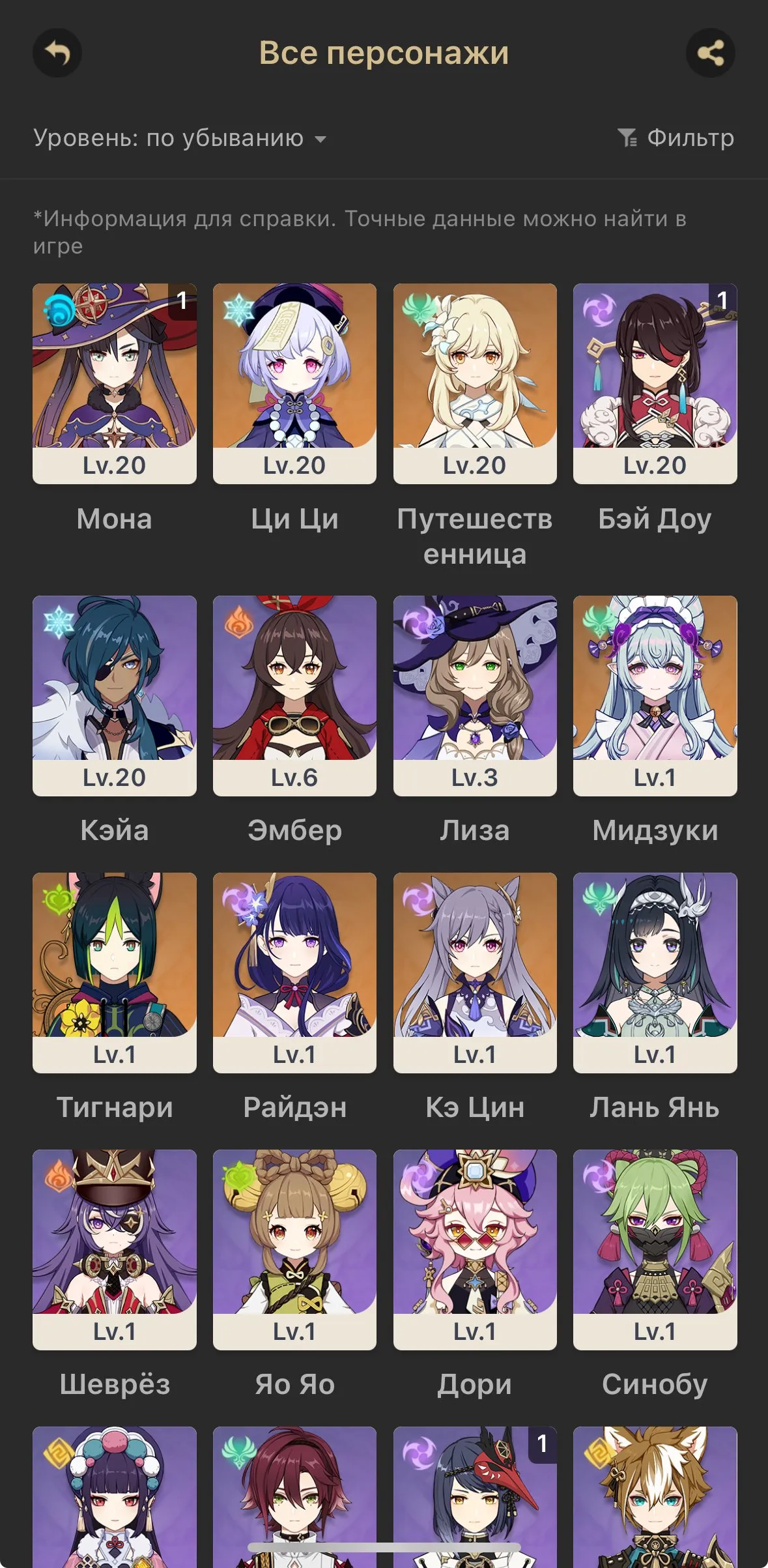 GI1563 Raiden, Mona C1, Qiqi, Mizuki, Tignari, Keqing early AR11 starter with rich 4 star roster and low exploration (G)