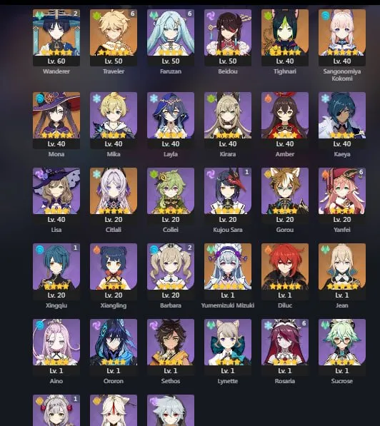 GI1595 Wanderer C2, Staff of the Scarlet Sands, Kokomi, Citlali, Mona, Diluc, Djinn, Mizuki, AR49 boosted, 86 fragile resin (G)