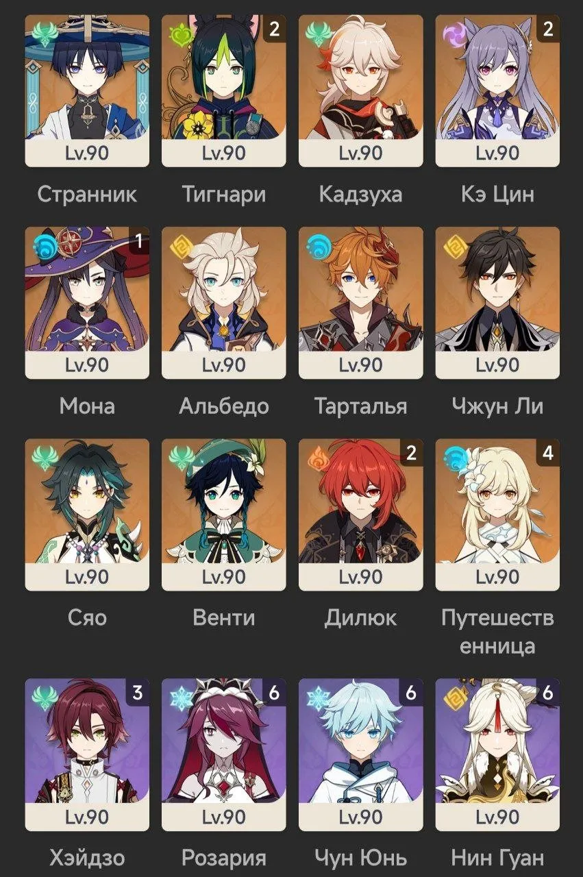 GI955 Stranner, Tighnari C2, Kazuha, Keqing C2, Mona, Albedo, Tartaglia, Zhongli, Xiao, Venti, Diluc C2, Traveler C4, Heizou, Skyward Harp, Skyward Blade, Wolf Fang (G)