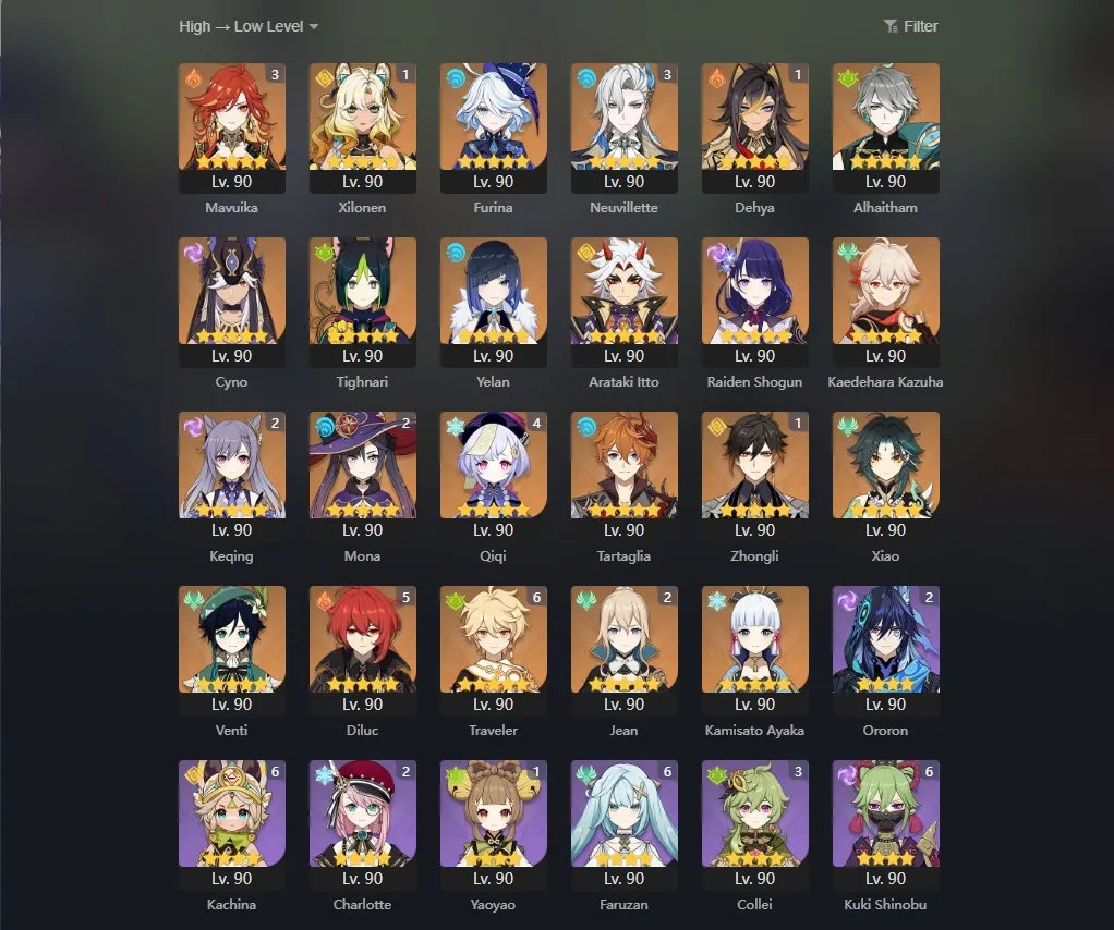 GI975 AR60 70 Chars 50 Max Friendship Mavuika Furina Neuvillette Raiden Kazuha Ayaka Tartaglia Hunter’s Path (G)