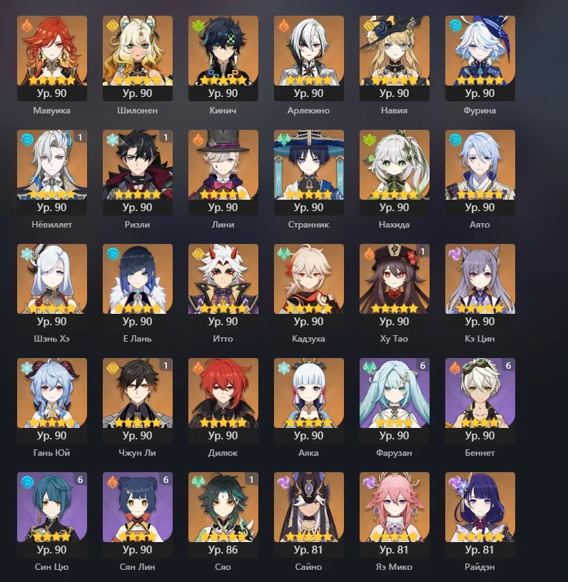 GI994 AR60 Europe Boosted – 81 Characters, 41× 5star (Many C1–C3) – 16× 5star Weapons, Abyss 36 star, 1106 Achievements